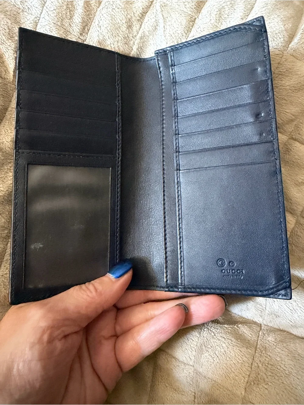 Gucci Navy Blue Embossed GG Leather Tall Card & Cash Wallet / Checkbook Cover